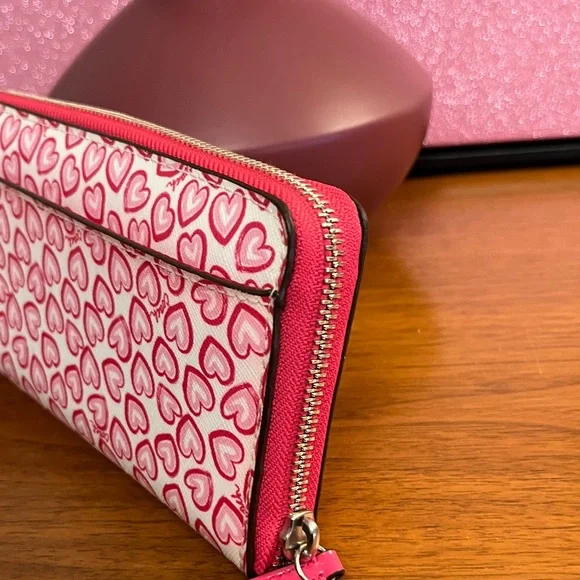 Coach Pink Heart Pattern Zip Around Wallet - Picture 9 of 12